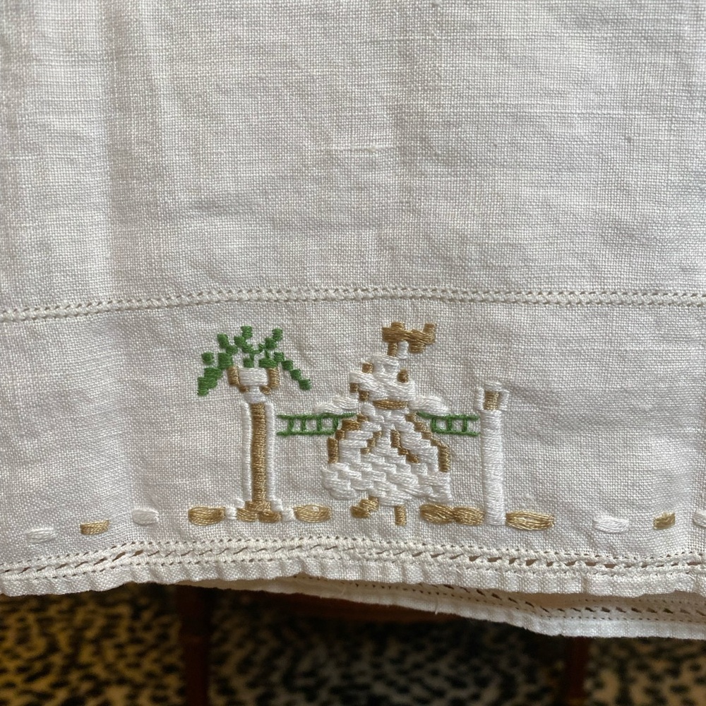 Vintage Embroidered White Linen dish towel fabric with Palm Tree Design